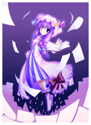 Rule 34 | 1girl, book, bow, dress, female focus, full body, hat, looking at viewer, moru pomu po, open book, open mouth, patchouli knowledge, purple background, purple dress, purple eyes, purple hair, socks, solo, striped, touhou