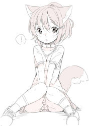 Rule 34 | !, 1girl, animal ears, blush, fuyuno mikan, looking at viewer, monochrome, panties, pantyshot, short hair, simple background, sitting, solo, tail, underwear, white background