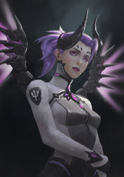 Rule 34 | 1girl, armor, black gloves, boboj, bodysuit, breasts, dark persona, demon horns, emblem, eyeliner, eyeshadow, facial mark, faulds, forehead mark, gloves, glowing, glowing wings, grey background, hand on own arm, high ponytail, horns, imp mercy, lips, lipstick, looking at viewer, makeup, mechanical wings, medium breasts, mercy (overwatch), nose, official alternate costume, overwatch, overwatch 1, parted lips, patch, purple eyes, purple hair, purple lips, purple wings, realistic, solo, spread wings, upper body, wings