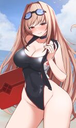 Rule 34 | 1girl, beach, black choker, black one-piece swimsuit, blue sky, breasts, brown hair, choker, cleavage, cloud, competition swimsuit, contrapposto, curvy, day, goddess of victory: nikke, goggles, goggles on head, highres, horizon, kickboard, large breasts, long hair, looking at viewer, ocean, one-piece swimsuit, outdoors, rapi (classic vacation) (nikke), rapi (nikke), red eyes, sky, smile, solo, swimsuit, two-tone swimsuit, very long hair, wabimochi, wide hips
