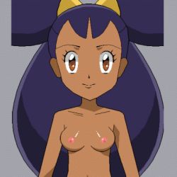 Rule 34 | 1girl, ^ ^, animated, animated gif, bloggerman, brown eyes, closed eyes, creatures (company), dark-skinned female, dark skin, closed eyes, female focus, game freak, grey background, gym leader, iris (pokemon), long hair, looking at viewer, lowres, nintendo, nipples, nude, pokemon, purple hair, simple background, small areolae, small nipples, smile, solo