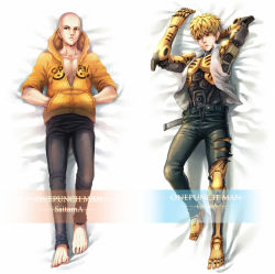 Rule 34 | 2boys, arm behind head, bald, barefoot, black eyes, black sclera, blonde hair, character name, colored sclera, copyright name, cyborg, dakimakura (medium), english text, genos, hands in pockets, highres, hood, hoodie, isakhaya, leather, leather pants, looking at viewer, lying, male focus, multiple boys, on back, one-punch man, open clothes, open shirt, pants, saitama (one-punch man), shirt, topless male, short hair, torn clothes, torn pants