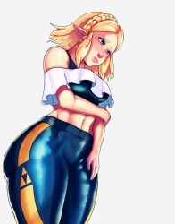 Rule 34 | 1girl, absurdres, artistic madman, bare shoulders, blonde hair, blue eyes, blue nails, blush, braid, breasts, closed mouth, crown braid, eyebrows, female focus, fingernails, half-closed eyes, highres, large breasts, leggings, legs together, lips, midriff, nail polish, navel, nintendo, nose, pointy ears, princess zelda, short hair, simple background, solo, standing, the legend of zelda, the legend of zelda: breath of the wild, thick thighs, thighs, upper body