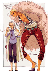Rule 34 | 1boy, 1girl, 4444 (tetsuya), arms up, blonde hair, capri pants, coat, coat on shoulders, den den mushi, donquixote doflamingo, earrings, english text, epaulettes, feather coat, hand in pocket, height difference, jewelry, looking at another, marine uniform (one piece), muscular, muscular male, old, old woman, one piece, open clothes, pants, patterned clothing, pink coat, ponytail, purple shirt, shirt, short hair, smile, speech bubble, sunglasses, tsuru (one piece), twitter username, white hair, white shirt
