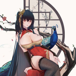 Rule 34 | 1girl, absurdly long hair, absurdres, azur lane, bare shoulders, bird, black gloves, black hair, branch, breasts, bridal gauntlets, bursting breasts, china dress, chinese clothes, cleavage cutout, clothing cutout, crossed bangs, dress, fishnet thighhighs, fishnets, flower, framed breasts, garter straps, gloves, hair ornament, highres, huangmao, huge breasts, long hair, official alternate costume, peacock, pelvic curtain, pulling own clothes, red dress, red eyes, sitting, skindentation, sleeveless, sleeveless dress, solo, strap pull, taihou (azur lane), taihou (phoenix&#039;s spring song) (azur lane), thighhighs, very long hair