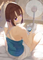 Rule 34 | 1girl, arm up, bare shoulders, barefoot, blue shirt, bottle, brown hair, closed mouth, commentary, criss-cross halter, electric fan, halterneck, holding, holding bottle, indoors, kamizaki hibana, looking at viewer, looking back, original, purple eyes, shirt, short hair, shorts, sidelocks, sitting, solo, spaghetti strap, towel, towel on head, water bottle, white shorts