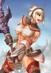 1girl abs blue_eyes breasts female_focus gloves highres horns kirin_(armor) monster_hunter_(series) muscular ranma_(kamenrideroz) single_horn solo weapon white_hair