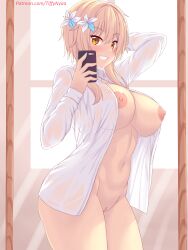 Rule 34 | 1girl, absurdres, alternate costume, arm behind head, ass, blonde hair, blush, breasts, cleavage, cleft of venus, collared shirt, eyelashes, female focus, flower, genshin impact, grin, highres, holding, holding phone, indoors, large breasts, looking at viewer, lumine (genshin impact), medium bangs, midriff, navel, nipples, no bra, no panties, nottytiffy, open clothes, phone, pussy, shirt, short hair, short hair with long locks, smile, solo, standing, teeth, thighs, unbuttoned, unbuttoned shirt, uncensored, upper body, white flower, white shirt, window, yellow eyes