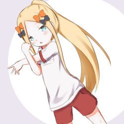 Rule 34 | 1girl, abigail williams (fate), black bow, blonde hair, blue eyes, blush, bow, commentary request, dutch angle, fate/grand order, fate (series), forehead, gym shirt, gym shorts, gym uniform, hair bow, highres, long hair, looking at viewer, name tag, orange bow, parted bangs, parted lips, ponytail, red shorts, shirt, short shorts, short sleeves, shorts, sidelocks, solo, su guryu, very long hair, white shirt