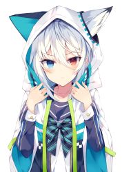 Rule 34 | 1girl, animal ear fluff, animal ears, animal hood, blue eyes, blue jacket, blue sailor collar, bow, bowtie, closed mouth, collarbone, commentary request, ears through headwear, fox ears, frown, hair between eyes, hands up, heterochromia, highres, hood, hoodie, jacket, long hair, long sleeves, looking at viewer, nibiiro shizuka, original, red eyes, sailor collar, shirt, sidelocks, simple background, solo, striped bow, striped bowtie, striped clothes, striped neckwear, upper body, v-shaped eyebrows, white background, white hair, white hoodie, white shirt