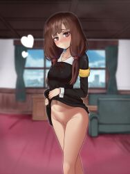 Rule 34 | 1girl, armband, black dress, blurry, blurry background, blush, breasts, brown eyes, brown hair, censored, cleft of venus, clothes lift, couch, covered erect nipples, desk, dress, dress lift, feet out of frame, frown, heart, highres, iino miko, indoors, kaguya-sama wa kokurasetai ~tensai-tachi no renai zunousen~, long hair, long sleeves, low twintails, moriforests, mosaic censoring, navel, neck ribbon, no panties, pussy, red ribbon, ribbon, school uniform, shuuchiin academy school uniform, small breasts, twintails, window, yellow armband