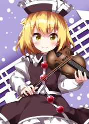 Rule 34 | 1girl, black hat, black skirt, black vest, blonde hair, bow (music), closed mouth, commentary request, cowboy shot, dotted background, frilled hat, frilled skirt, frills, hat, highres, holding, holding instrument, holding violin, instrument, long sleeves, looking at viewer, lunasa prismriver, musical note, purple background, ruu (tksymkw), shirt, short hair, skirt, smile, solo, standing, touhou, vest, violin, white shirt, yellow eyes
