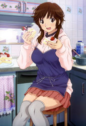 Rule 34 | 1girl, :d, absurdres, amagami, apron, breasts, brown hair, cabinet, cake, cake slice, casual, chair, container, cooking, counter, curvy, dual wielding, eating, egg, food, food on face, fruit, grey thighhighs, highres, holding, holding food, hood, hoodie, icing, indoors, kitchen, knees together feet apart, large breasts, legs together, long sleeves, looking at viewer, medium breasts, milk carton, mixing bowl, nail polish, non-web source, nyantype, official art, open mouth, over-kneehighs, pink nails, pink skirt, pleated skirt, polka dot, sakurai rihoko, scan, sitting, skirt, smile, solo, strawberry, thighhighs, tile wall, tiles, towel, umetsu yukinori, whisk, zettai ryouiki
