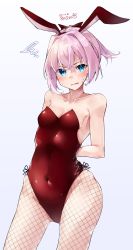 Rule 34 | 1girl, absurdres, animal ears, blue eyes, blush, bunny day, collarbone, cowboy shot, dated, fake animal ears, fishnet pantyhose, fishnets, gradient background, groin, hair between eyes, highres, kantai collection, leotard, looking at viewer, open mouth, pantyhose, pink hair, playboy bunny, ponytail, rabbit ears, red leotard, shiranui (kancolle), short hair, solo, u yuz xx
