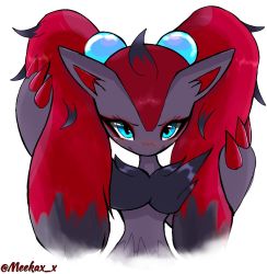 Rule 34 | 1girl, alternate hairstyle, animal ears, animal hands, artist name, black fur, black hair, blue eyes, blush, body fur, claws, closed mouth, creatures (company), cropped torso, female focus, furry, furry female, game freak, gen 5 pokemon, hair bobbles, hair ornament, hands up, highres, long hair, looking at viewer, meeka, multicolored hair, nintendo, nose blush, pokemon, pokemon (creature), red hair, simple background, solo, straight-on, twintails, twitter username, two-tone fur, two-tone hair, upper body, watermark, white background, wolf ears, wolf girl, zoroark