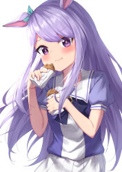 Rule 34 | 1girl, :t, absurdres, animal ears, blouse, blue bow, blue shirt, blush, bow, closed mouth, ear ribbon, eating, food, green ribbon, highres, holding, holding food, horse ears, long hair, looking at viewer, masaki (msk064), mejiro mcqueen (umamusume), pleated skirt, puffy short sleeves, puffy sleeves, purple eyes, purple hair, purple shirt, ribbon, school uniform, shirt, short sleeves, simple background, skirt, solo, taiyaki, tracen school uniform, umamusume, very long hair, virtual youtuber, wagashi, wavy mouth, white background, white skirt