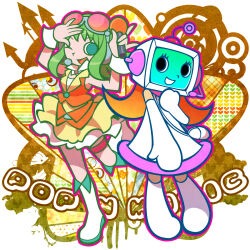 Rule 34 | 2girls, alt (pop&#039;n music), dress, elbow gloves, eyelashes, gloves, goggles, goggles on head, green eyes, gumi, hajime (vasu), headset, highres, holding, holding microphone, long hair, microphone, mouse (computer), multiple girls, official style, one eye closed, open mouth, orange dress, pop&#039;n music, red-tinted eyewear, robot, robot girl, thigh strap, tinted eyewear, vocaloid, white footwear, white gloves, wrist cuffs