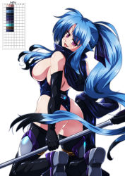 Rule 34 | 1girl, ass, black gloves, black thighhighs, blue hair, blush, breasts, covered erect nipples, elbow gloves, fang, gloves, highres, large breasts, long hair, looking at viewer, lyrical nanoha, mahou shoujo lyrical nanoha, mahou shoujo lyrical nanoha a&#039;s, mahou shoujo lyrical nanoha a&#039;s portable: the battle of aces, levi the slasher, open mouth, ponytail, purple eyes, sideboob, simple background, smile, tappa (esperanza), thighhighs, white background
