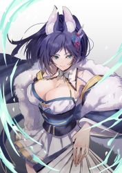 Rule 34 | 1girl, animal ear fluff, animal ears, azur lane, blue hair, blush, breasts, cleavage, detached sleeves, dress, flower, folded fan, folding fan, fox ears, fox tail, from above, fur scarf, gradient background, grey background, hair flower, hair ornament, hand fan, holding, holding fan, jintsuu (azur lane), large breasts, lips, long hair, looking at viewer, looking up, moji (mojimozis), obi, ponytail, sash, smile, solo, tail, white dress, wide sleeves