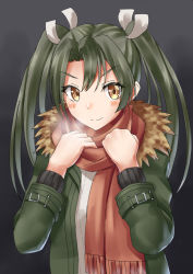 Rule 34 | 1girl, black background, brown scarf, commentary request, dark green hair, fur-trimmed jacket, fur trim, gradient background, green jacket, hair ribbon, jacket, kantai collection, long hair, looking at viewer, mayura (lucadia), official alternate costume, orange eyes, ribbon, scarf, smile, solo, twintails, white ribbon, zuikaku (kancolle)