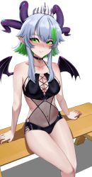 Rule 34 | 1girl, absurdres, bare shoulders, bikini, black nails, blush, breasts, apricot the lich, choker, cleavage, commentary, cross-laced bikini, cross-laced clothes, demon wings, english commentary, green eyes, green hair, highres, horns, kurotsuki arts, looking at viewer, medium breasts, multicolored hair, multiple horns, nail polish, navel, short hair, solo, swimsuit, thighhighs, virtual youtuber, vshojo, wings