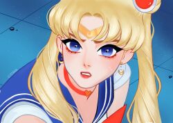 Rule 34 | 1girl, artist name, bishoujo senshi sailor moon, blonde hair, blue eyes, blue sailor collar, choker, circlet, close-up, commentary, crescent, crescent earrings, derivative work, earrings, english commentary, eyeliner, gittanart, highres, jewelry, magical girl, makeup, mascara, meme, parted lips, red choker, red lips, sailor collar, sailor moon, sailor moon redraw challenge (meme), screenshot redraw, solo, tsukino usagi, twintails