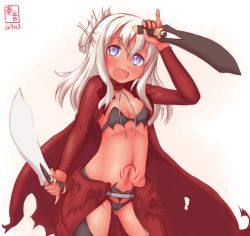 Rule 34 | 1girl, :d, alternate costume, alternate hairstyle, black bra, black panties, blonde hair, blue eyes, blush, bra, breasts, cape, chloe von einzbern, chloe von einzbern (cosplay), cosplay, dark-skinned female, dark skin, dated, dual wielding, fate/kaleid liner prisma illya, fate (series), folded ponytail, highleg, highleg panties, highres, holding, kanon (kurogane knights), kantai collection, long hair, look-alike, looking at viewer, midriff, navel, open mouth, panties, pinky out, red cape, ro-500 (kancolle), sidelocks, small breasts, smile, solo, stomach, stomach tattoo, tan, tattoo, thighs, underwear