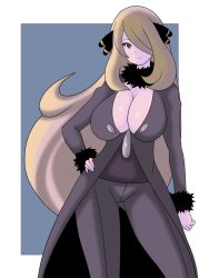 Rule 34 | 1girl, blonde hair, blue background, breasts, brown eyes, cleavage, coat, creatures (company), cynthia (pokemon), fur trim, game freak, hair ornament, hair over one eye, hand on own hip, highres, hip focus, koutarosu, large breasts, long hair, looking at viewer, nintendo, pokemon, pokemon dppt, smile, solo, thighs