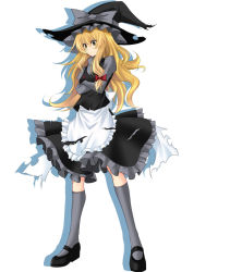 Rule 34 | 1girl, apron, black footwear, black hat, black skirt, blonde hair, bow, brown eyes, closed mouth, crossed arms, frilled apron, frills, full body, grey bow, grey shirt, grey socks, hair between eyes, hat, hat bow, highres, kirisame marisa, kneehighs, layered skirt, long hair, long sleeves, mary janes, medium skirt, red bow, shirt, shoes, simple background, skirt, socks, solo, standing, tachi-e, torn apron, torn clothes, touhou, very long hair, waist apron, white apron, white background, witch hat, yustinos