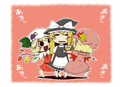 Rule 34 | 3girls, :d, = =, absurdres, aki minoriko, aki shizuha, apron, bell pepper, blonde hair, blush stickers, bow, braid, branch, buttons, chibi, cosplay, dress, closed eyes, female focus, flandre scarlet, flandre scarlet (cosplay), food, frills, from behind, fruit, grapes, hair bow, hat, highres, kirisame marisa, leaf, long hair, multiple girls, open mouth, pepper, peppers, remilia scarlet, remilia scarlet (cosplay), skirt, smile, touhou, translation request, waist apron, wings, witch, witch hat, zannen na hito