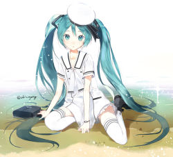 Rule 34 | 1girl, akirunyang, arm support, bad id, bad pixiv id, bag, beach, black footwear, blue eyes, blue hair, blush, boots, buttons, collarbone, double buttons, dress, female focus, full body, hat, hatsune miku, holding, holding bag, jewelry, long hair, looking at viewer, matching hair/eyes, ocean, open mouth, outdoors, ribbon, sailor hat, sand, school bag, school uniform, shoes, short dress, short sleeves, simple background, sitting, solo, sparkle, thighhighs, twintails, very long hair, vocaloid, water, white background, white dress, white hat, white thighhighs, zettai ryouiki