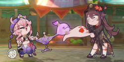 Rule 34 | 2girls, 3d background, :d, boo tao (genshin impact), brown hair, chinese clothes, commentary, detached sleeves, dori (genshin impact), dragging, english commentary, flower, genshin impact, ghost, hair between eyes, hat, hat flower, hat ornament, highres, hotpot, hu tao (genshin impact), jinni (genshin impact), kneehighs, long hair, long sleeves, looking at another, masollyn, multiple girls, navel, oil lamp, open mouth, pink hair, puffy pants, pulling, red eyes, short hair, short hair with long locks, sidelocks, smile, socks, stomach, sunglasses, twintails