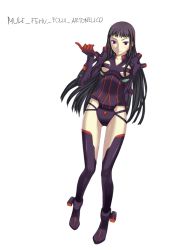 Rule 34 | 1girl, ar tonelico, ar tonelico ii, arm behind back, armor, black footwear, black hair, black thighhighs, boots, breastplate, breasts, clothing cutout, copyright name, crotch plate, deras, full body, gloves, highleg, highleg leotard, index finger raised, jakuri (ar tonelico), legs, leotard, light smile, long hair, looking at viewer, multicolored hair, pauldrons, purple eyes, shoulder armor, sidelocks, small breasts, smile, solo, streaked hair, striped, thigh boots, thighhighs, transparent background, two-tone hair, underboob, underboob cutout, vertical stripes, very long hair