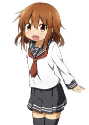 Rule 34 | 10s, 1girl, :d, anchor symbol, black skirt, black thighhighs, brown hair, fang, hair ornament, hairclip, ikazuchi (kancolle), kantai collection, long sleeves, miyako hito, neckerchief, open mouth, pleated skirt, red neckerchief, school uniform, serafuku, simple background, skirt, smile, solo, thighhighs
