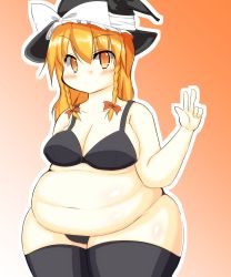 Rule 34 | 1girl, belly, black panties, black thighhighs, blonde hair, blush, bra, braid, breasts, cleavage, fat, fat rolls, hat, highres, kirisame marisa, large breasts, long hair, looking at viewer, navel, nengorogoro, obese, panties, smile, solo, thick thighs, thighhighs, thighs, touhou, twin braids, underwear, underwear only, w, wide hips, witch hat, yellow eyes