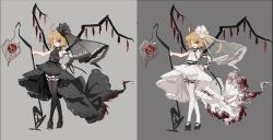 Rule 34 | 1girl, ahoge, aibivy, alternate costume, arm strap, bat tattoo, belt, bent, black dress, black footwear, black thighhighs, blonde hair, blood, blood on clothes, blood stain, blush, breasts, chain, choker, collared dress, commentary request, dress, expressionless, eyes visible through hair, eyeshadow, flandre scarlet, full body, garter straps, grey background, hand on own hip, high heels, jpeg artifacts, laevatein, looking at viewer, makeup, one eye closed, petite, platform footwear, pumps, red eyes, see-through, see-through legwear, short hair, side ponytail, single sleeve, sketch, sleeveless, sleeveless dress, small breasts, smile, solo, tattoo, thighhighs, thighs, touhou, white dress, white thighhighs, wings