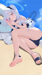 Rule 34 | 1girl, :o, absurdres, ass, bag, bare shoulders, barefoot, beach, blue archive, blue halo, blue sky, blush, bow, cellphone, commentary request, day, feet, frills, halo, highres, holding, holding phone, innertube, long hair, looking at viewer, lying, miyako (blue archive), miyako (swimsuit) (blue archive), official alternate costume, on side, one-piece swimsuit, outdoors, p1up1u, phone, purple eyes, sandals, sky, smartphone, soles, solo, strap slip, summer, swim ring, swimsuit, thighs, toes, white hair