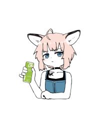 Rule 34 | ahoge, animal ear fluff, animal ears, arknights, bare arms, bare shoulders, black choker, blue camisole, blue eyes, blush, camisole, can, choker, closed mouth, collarbone, commentary request, cropped torso, fox ears, hand up, holding, holding can, kamihine, looking at viewer, pink hair, short hair, simple background, sussurro (arknights), upper body, white background