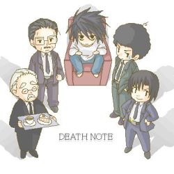 Rule 34 | 00s, 5boys, afro, aizawa shuuichi, armchair, bags under eyes, barefoot, belt, black hair, black necktie, business suit, butler, cake, cake slice, chair, chibi, copyright name, cup, death note, facial hair, facing viewer, food, formal, full body, green necktie, hands on own hips, jaggy lines, l (death note), looking at viewer, lowres, male focus, matsuda touta, mogi kanzou, multiple boys, mustache, necktie, nina matsumoto, oekaki, old, old man, saucer, simple background, suit, sweatdrop, teacup, tray, watari, watari (death note), white background, white facial hair, white hair, white mustache, yagami soichiro, yagami souichirou