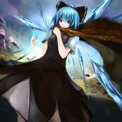 Rule 34 | 1girl, blue eyes, blue hair, bow, card, cirno, cirno-nee, female focus, hair bow, holding, holding card, ice, matching hair/eyes, aged up, pupps, scarf, short hair, sky, solo, spell card, touhou, tsurime
