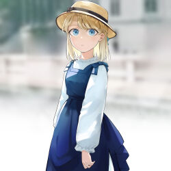 Rule 34 | 1girl, absurdres, blonde hair, blue dress, blue eyes, blurry, blurry background, character request, commentary request, copyright request, dress, hat, highres, hinoshita akame, long dress, long hair, long sleeves, looking at viewer, puffy sleeves, shirt, solo, straw hat, swept bangs, white shirt