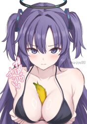 1girl banana between_breasts bikini black_bikini black_halo blue_archive blush breasts breasts_squeezed_together cleavage commentary food food_between_breasts food_on_body food_on_breasts fruit hair_ornament halo hands_on_own_breasts highres long_hair looking_at_viewer medium_breasts phallic_symbol purple_eyes purple_hair sexually_suggestive simple_background simulated_paizuri solo surippa1010 swimsuit triangle_hair_ornament two_side_up white_background yuuka_(blue_archive)