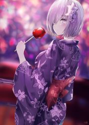 Rule 34 | 1girl, alternate costume, artist name, blurry, blurry background, blush, candy apple, closed mouth, dutch angle, fate/grand order, fate (series), floral print, flower, food, from behind, hair flower, hair ornament, hair over one eye, japanese clothes, kimono, long sleeves, looking at viewer, looking back, mash kyrielight, obi, outdoors, pink hair, purple eyes, purple kimono, sash, short hair, solo, tr (kangtw123), wide sleeves