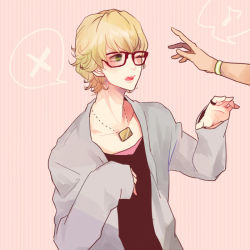 Rule 34 | 10s, 1boy, bad id, bad pixiv id, barnaby brooks jr., blonde hair, glasses, green eyes, jewelry, male focus, poco24, red-framed eyewear, ring, short hair, sleeves past wrists, solo, tiger &amp; bunny