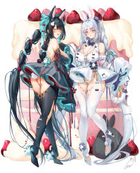 Rule 34 | 2girls, animal ears, ass, bare shoulders, black thighhighs, blush, braid, breasts, cake, carrot, cleavage, commentary request, detached sleeves, dress, food, fruit, full body, green dress, grey eyes, grey hair, highres, large breasts, long hair, long sleeves, looking at viewer, multiple girls, obiwan, original, panties, parted bangs, parted lips, rabbit ears, rabbit girl, rabbit tail, signature, sleeves past fingers, sleeves past wrists, smile, standing, strawberry, tail, thighhighs, thighs, twin braids, twintails, underwear, white dress, white panties, white thighhighs