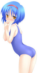 Rule 34 | 1girl, ass, bad id, bad pixiv id, blue hair, blush, hairband, hisane, little busters!, nishizono mio, one-piece swimsuit, school swimsuit, short hair, solo, swimsuit, yellow eyes