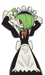 Rule 34 | 1girl, apron, arms up, back bow, bags under eyes, black dress, bob cut, bow, bright pupils, clothed pokemon, colored skin, creatures (company), dress, female focus, flat chest, game freak, gardevoir, gen 3 pokemon, green hair, green skin, hair bow, hair over one eye, juliet sleeves, long dress, long sleeves, looking at viewer, maid, maid headdress, multicolored skin, neck ribbon, nervous, nintendo, one eye covered, open mouth, outline, pokemon, pokemon (creature), puffy sleeves, red eyes, ribbon, short hair, simple background, solo, songaksi, standing, sweat, transparent background, two-tone skin, waist apron, white apron, white outline, white pupils, white skin, yellow bow, yellow ribbon