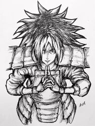 Rule 34 | 1boy, armor, commentary, crosshatching, draw with aid, english commentary, eyebrows hidden by hair, fingerless gloves, from above, gloves, hair over one eye, hatching (texture), highres, interlocked fingers, japanese armor, making-of available, male focus, marker (medium), monochrome, naruto (series), naruto shippuuden, own hands together, sharingan, shoulder armor, signature, solo, traditional media, uchiha madara, upper body, video crop
