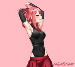 Rule 34 | 1girl, armpits, arms up, artpatient, atelier live, blush, breasts, detached sleeves, hair behind ear, hair rings, highres, kani kanizawa, leotard, looking at viewer, medium breasts, parted lips, red hair, red skirt, skirt, smile, solo, twitter username, virtual youtuber