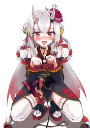 Rule 34 | 1girl, absurdres, bare shoulders, bell, black collar, black kimono, blush, collar, commission, double bun, frilled sleeves, frills, gold trim, gradient hair, hair bell, hair between eyes, hair bun, hair ornament, highres, hololive, horns, japanese clothes, jingle bell, kimono, knbd, leash, long hair, long sleeves, looking at viewer, mask, mask on head, multicolored hair, nakiri ayame, nakiri ayame (1st costume), obi, off shoulder, oni, oni mask, open mouth, paw pose, pelvic curtain, pet play, pixiv commission, red eyes, red footwear, red hair, sash, short kimono, silver hair, simple background, skin-covered horns, solo, spread legs, squatting, streaked hair, thighhighs, tongue, tongue out, two side up, virtual youtuber, weapon, white background, white thighhighs, wide sleeves